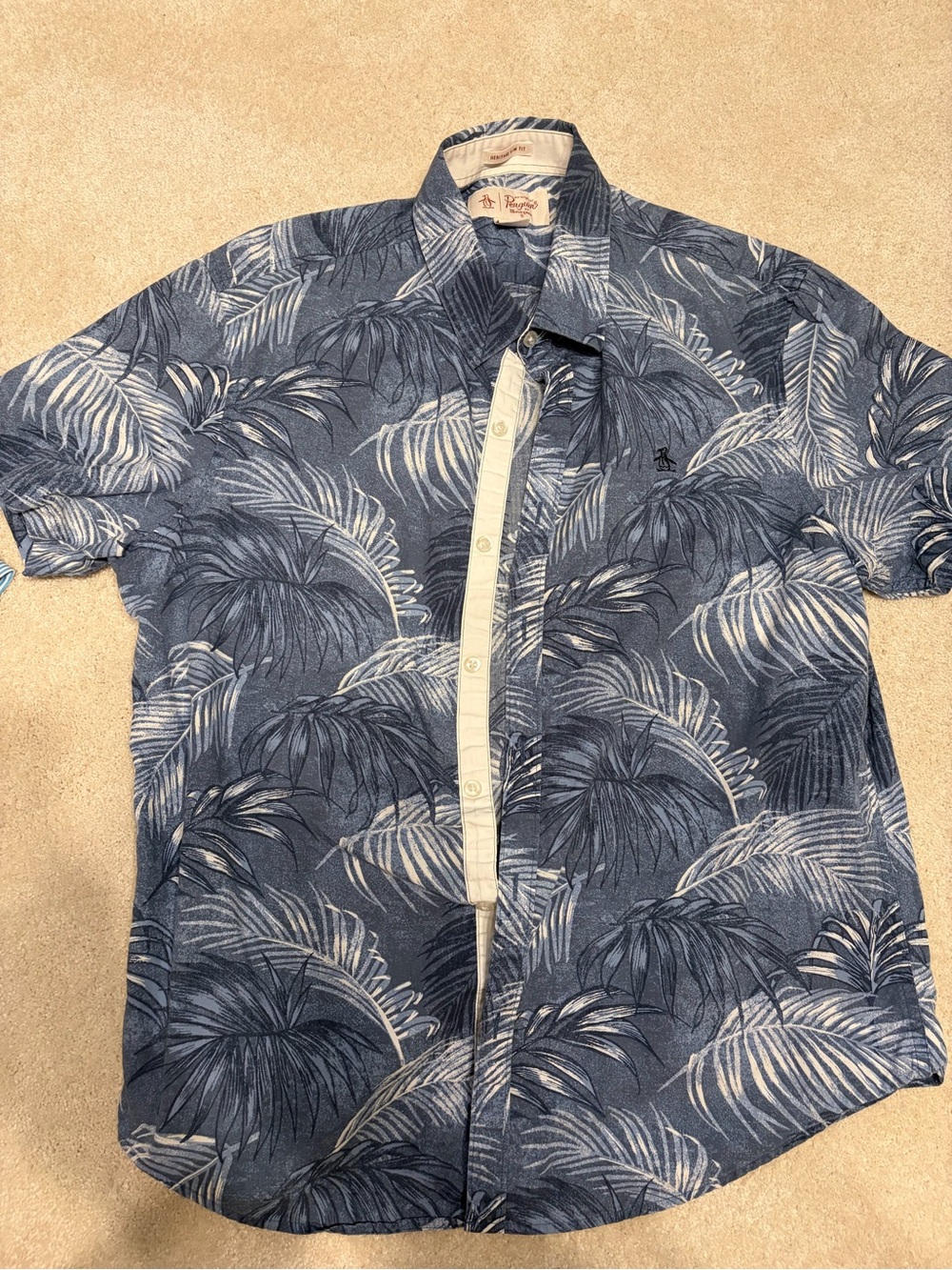 Original Penguin Blue Palm-Print Short-Sleeve Button-Down Shirt